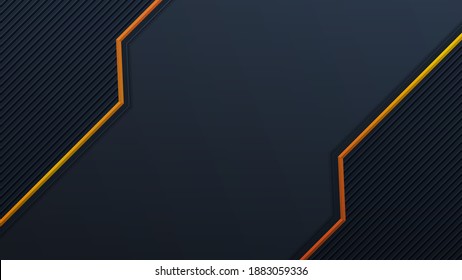 Abstract 3D black technology background overlap layers on dark space with orange light effect decoration. Modern graphic design template elements for poster, flyer, brochure, or banner