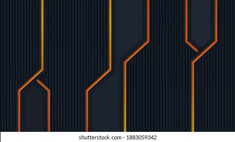 Abstract 3D black technology background overlap layers on dark space with orange light effect decoration. Modern graphic design template elements for poster, flyer, brochure, or banner