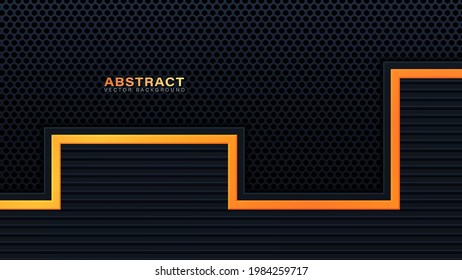 Resumen El fondo de la tecnología 3D negro se solapa en capas en el espacio oscuro con la decoración de efecto luz naranja. Elementos modernos de plantilla de diseño gráfico para afiches, volantes, folletos o banners