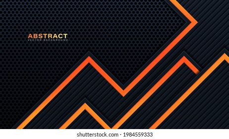 Abstract 3D black technology background overlap layers on dark space with orange light effect decoration. Modern graphic design template elements for poster, flyer, brochure, or banner