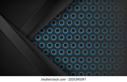 Resumen de capas de fondo de tecnología 3D negro superpuestas en la decoración de efecto de luz azul circular. Elementos modernos de plantilla de diseño gráfico para afiches, volantes, folletos o banner.