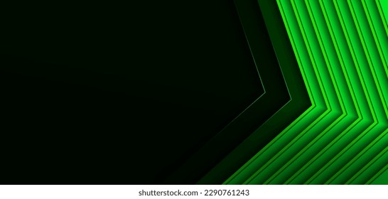 Abstract 3D black technology background overlap layers on dark space with green light effect decoration. Modern graphic design template elements for poster, flyer, brochure, or banner.