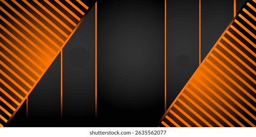 O plano de fundo da tecnologia 3D preta abstrata sobrepõe camadas no espaço escuro com decoração com efeito de luz laranja. Modelo de design gráfico moderno. design moderno na moda
