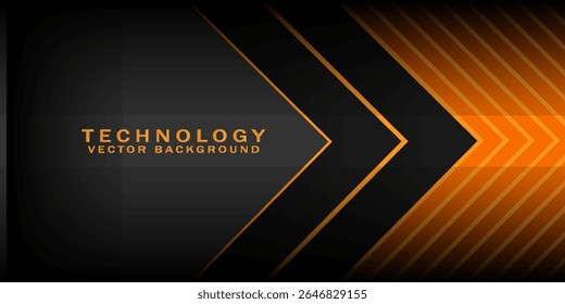 Abstract 3D black technology background overlap layers on dark space with orange light effect decoration. Modern graphic design template elements for poster, flyer, brochure, or banner