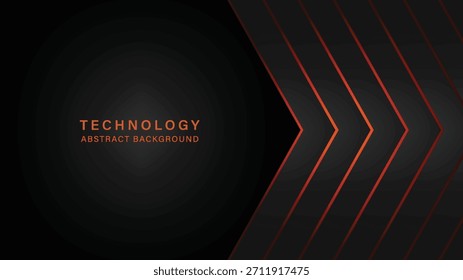 Abstract 3D Black Technology Background with Orange Light. Futuristic dark geometric overlap layers.  Modern tech template element for poster, flyer, banner, brochure.