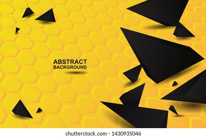 Abstract 3d black triangle shapes composition texture on yellow orange background. Modern vector template for use wallpaper, cover, banner, card, advertising