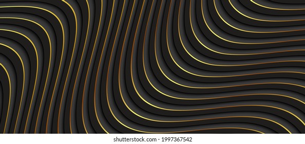 Abstract 3D black wavy background with gold pattern. Minimalist empty striped blank BG vector illustration.