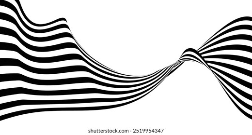 El Abstractas fondo de arte ondulatorio en blanco y negro 3D muestra líneas dinámicas y fluidas que crean una sensación de movimiento y profundidad. El diseño minimalista presenta patrones en blanco y negro de alto contraste