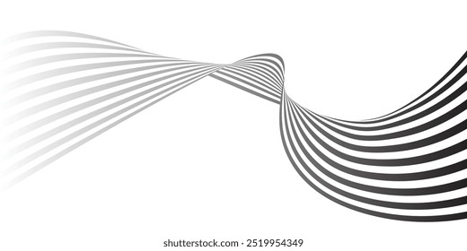 El Abstractas fondo de arte ondulatorio en blanco y negro 3D muestra líneas dinámicas y fluidas que crean una sensación de movimiento y profundidad. El diseño minimalista presenta patrones en blanco y negro de alto contraste