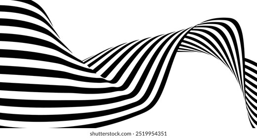 Abstract 3D black and white line wave art background showcases dynamic, flowing lines that create a sense of movement and depth. The minimalist design features high-contrast black and white patterns