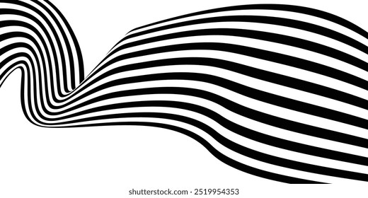 El Abstractas fondo de arte ondulatorio en blanco y negro 3D muestra líneas dinámicas y fluidas que crean una sensación de movimiento y profundidad. El diseño minimalista presenta patrones en blanco y negro de alto contraste