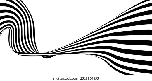 El Abstractas fondo de arte ondulatorio en blanco y negro 3D muestra líneas dinámicas y fluidas que crean una sensación de movimiento y profundidad. El diseño minimalista presenta patrones en blanco y negro de alto contraste