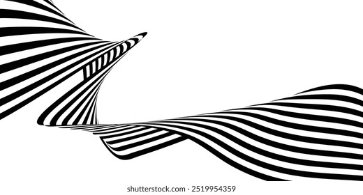 El Abstractas fondo de arte ondulatorio en blanco y negro 3D muestra líneas dinámicas y fluidas que crean una sensación de movimiento y profundidad. El diseño minimalista presenta patrones en blanco y negro de alto contraste