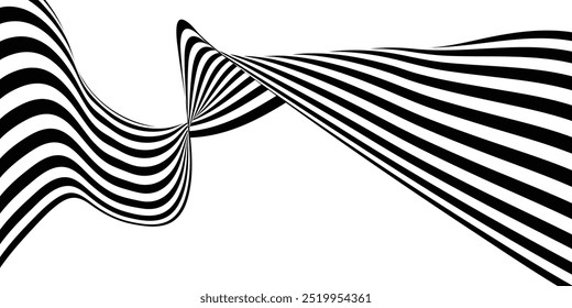 El Abstractas fondo de arte ondulatorio en blanco y negro 3D muestra líneas dinámicas y fluidas que crean una sensación de movimiento y profundidad. El diseño minimalista presenta patrones en blanco y negro de alto contraste