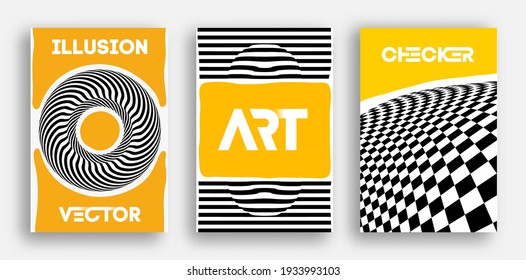 Abstract 3d black and white lines background. Vector Poster Set. Psychedelic pattern background optical illusion vector.