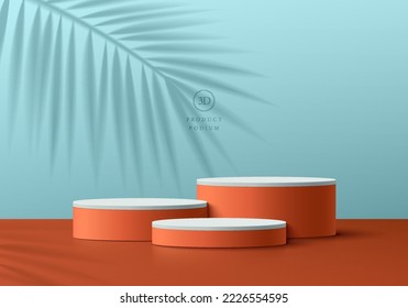 Abstract 3D blue background with realistic orange cylinder pedestal podium set, Palm leaf shadow overlay. Minimal wall scene for mockup product display. Geometric forms design. Summer stage showcase.