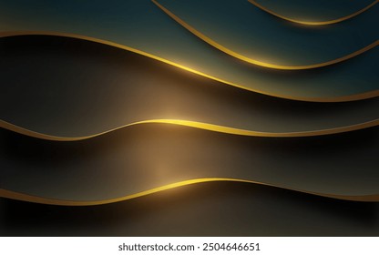 Abstract 3D blue and black overlapping waves with golden lines.  Luxury style background design vector