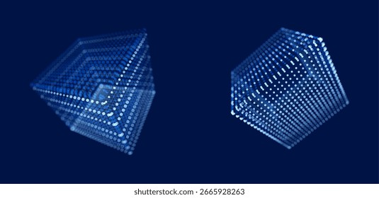 Abstractas cubo azul 3D hecho de partículas y malla de alambre, diseño de bloques digitales futuristas que representan la red global, IA, blockchain, visualización de datos y tecnología cibernética.