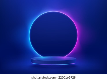 Abstract 3D blue cylinder pedestal podium. Sci-fi dark blue abstract background with glow round circle neon lamp lighting. Vector rendering, Product display mockup. Futuristic scene. Stage showcase.