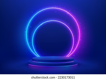 Abstract 3D blue cylinder pedestal podium. Sci-fi dark blue abstract background with glow circle neon lamp lighting overlap. Vector rendering, Product display mockup. Futuristic scene. Stage showcase.