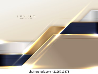 Abstract 3D blue and golden stripes geometric shapes with shiny gold lines lighting effect on cream background template luxury style. Vector illustration