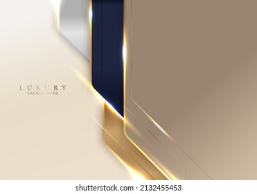 Abstract 3D blue and golden stripes geometric shapes with shiny gold lines lighting effect on cream background template luxury style. Vector illustration
