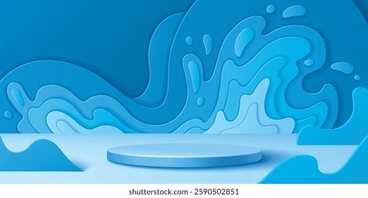 Abstract 3d blue paper cut splash background with geometric shapes and round podium or pedestal. Modern colorful layered papercut decoration for advertising, commercial or product display design.