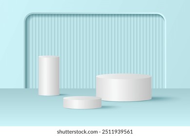 Abstractas fondo de podio azul 3D. Maqueta minimalista moderna para presentación de productos. Podio de pedestal de cilindro azul realista. Escaparate geométrico con espacio de copia. 