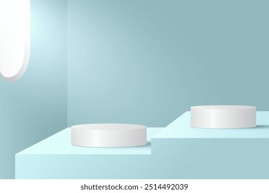 Abstract 3D blue podium background. Modern minimalist mockup for product display presentation. Realistic blue cylinder pedestal podium. Geometric stage showcase with copy space. 