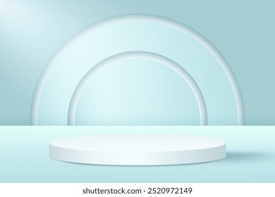 Fundo de pódio azul 3D abstrato. Moderna maquete minimalista para apresentação de exposição de produtos. Realista pódio de pedestal de cilindro azul. Exibição de palco geométrico com espaço de cópia. 