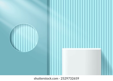 Abstract 3D blue podium background. Modern minimalist mockup for product display presentation. Realistic blue cylinder pedestal podium. Geometric stage showcase with copy space. 