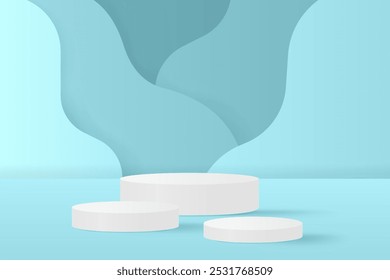 Fundo de pódio azul 3D abstrato. Moderna maquete minimalista para apresentação de exposição de produtos. Realista pódio de pedestal de cilindro azul. Exibição de palco geométrico com espaço de cópia. 