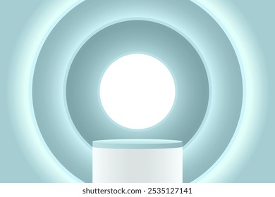 Abstract 3D blue podium background. Modern minimalist mockup for product display presentation. Realistic blue cylinder pedestal podium. Geometric stage showcase with copy space. 