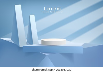 Resumen de podio azul 3D con escena y sombra azul minimalista de la pared. Plataforma geométrica de representación vectorial moderna para presentación de productos.