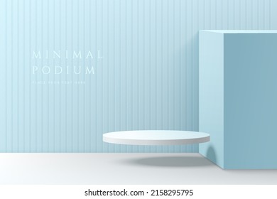 Abstrakter 3D-blauer Raum mit realistisch weißem Zylinder Podium schwebend auf der Luft. Mindest-Wand-Szene von Pastellfarben für Produktdarstellung. Geometrische Vektorformen. Stufe für die Präsentation. Vektor EPS10.