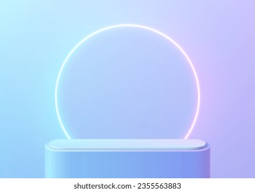 Abstract 3D blue round pedestal podium background with glowing lighting neon ring. Product display mockup presentation. Pastel minimal wall scene. Stage showcase. Platforms vector geometric design.