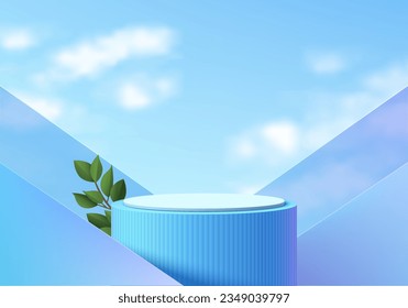 Abstrakter 3D-Zylinder aus weißem Kristallglas, Podium-Hintergrund mit Dreiecksverkleidung und blauer Himmelszene. Minimale Produktdarstellung, Stage-Showcase. Platziert das geometrische Vektordesign.