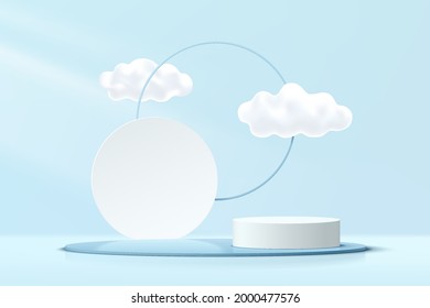 Abstract 3D blue, white cylinder pedestal podium with cloud sky and geometric circle backdrop. Pastel blue minimal wall scene. Vector rendering geometric platform for product display presentation. 