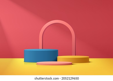 Abstract 3D blue, Yellow and pink cylinder pedestal podium set with arch shape element. Trendy color minimal wall scene for cosmetic product display presentation. Vector geometric rendering platform.