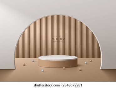 Abstract 3D brown and white cylinder pedestal podium background with wood pattern scene in arch gate. Minimal mockup or product display presentation, Stage showcase. Platforms vector geometric design.