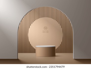 Abstract 3D brown white cylinder pedestal podium background with wood pattern scene in arch gate. Mockup product display presentation. Minimal scene. Stage showcase. Platforms vector geometric design.