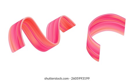 Abstract 3D brush ribbon with color stroke. Fluid red wave swirl in bright gradient. Pink cosmetic ink splash shape for modern motion design. Dynamic element isolated for creative wavy background.
