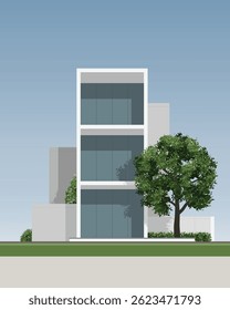 Abstractas edificio 3D. Exterior de casa de Vector en estilo minimalista con árbol verde. Concepto de diseño esquemático de arquitectura para la construcción. Ilustración vectorial.