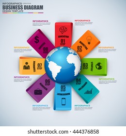 Abstract 3D business diagram Infographic. Can be used for workflow layout, data visualization, business concept with 8 options, parts, steps or processes, banner, cycle diagram, chart, web design.