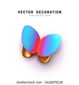 Abstract 3d butterfly. Vector Elegant Butterflies. Insects moth volume shape. Natural Design Elements. Gradient holographic and golden color.