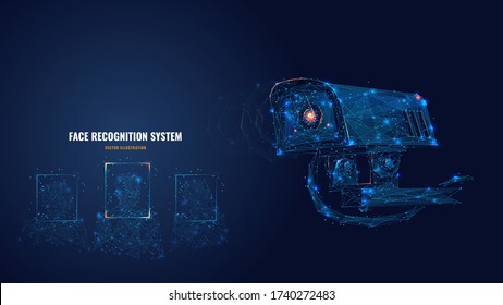 Abstract 3d camera scanning faces. Polygonal face recognition system, biometric scanning, technologies based on neural networks concept. Artificial intelligence vector illustration with connected dots