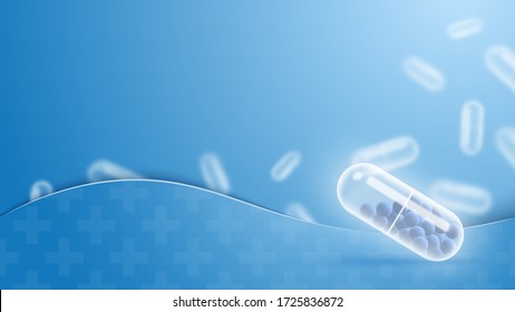 Abstract 3d capsule pills on blue background . vector illustration .