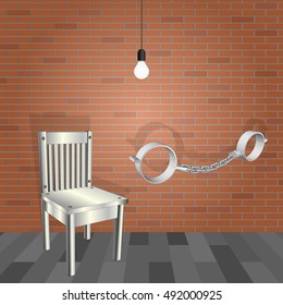 Abstract 3d. Chair, handcuffs, glowing light bulb on a brick wall. Vector illustration.