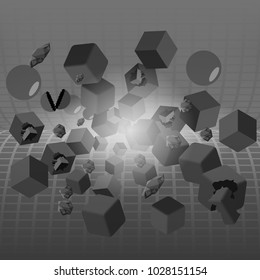 Abstract 3d chaotic particles. Poster with random cubes in empty space. Futuristic background.