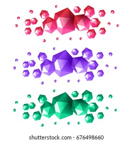 Abstract 3D chaotic polygonal shapes or low poly particles in pink, purple and green colors.